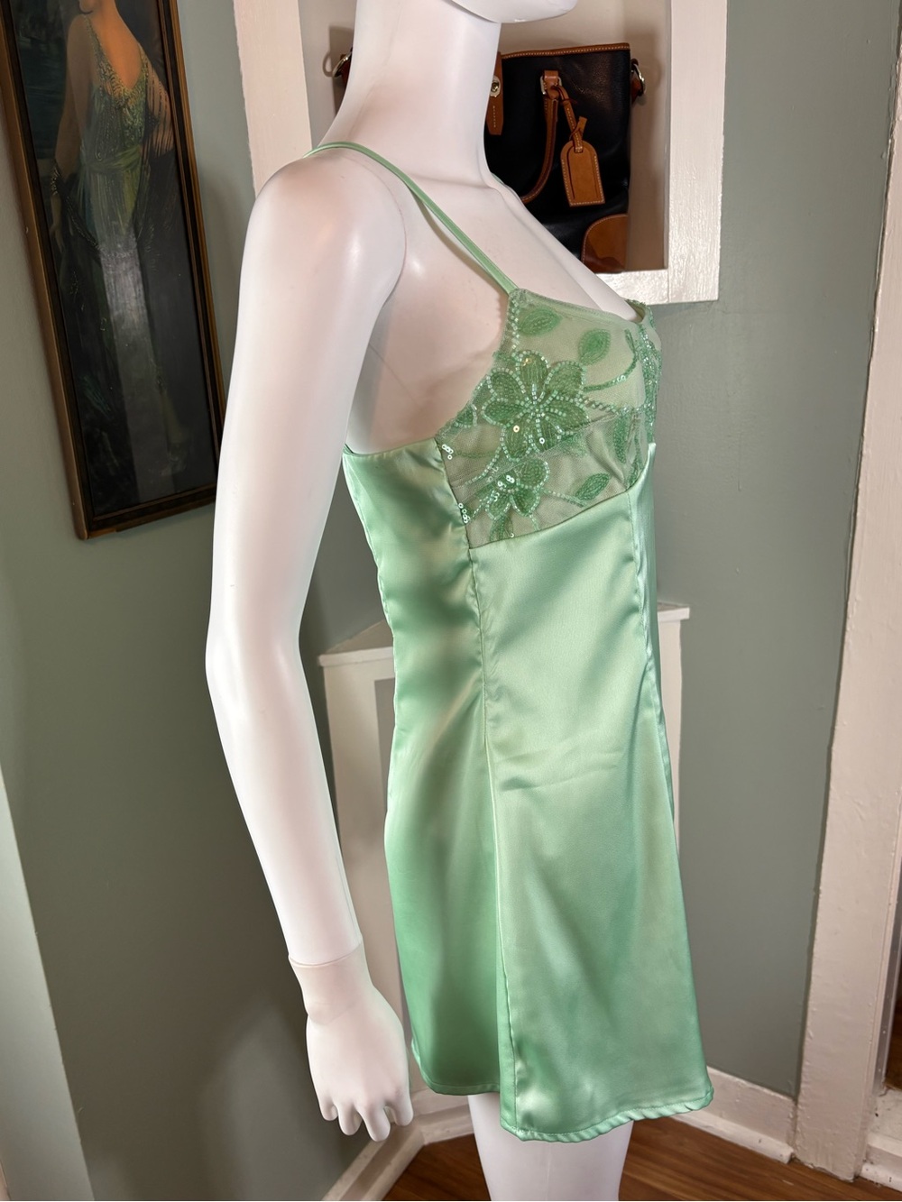 NWT New Peppermayo Zion Beaded Mini Slip Cami Dress Sage Mint Green Satin Sz 6 - Picture 9 of 14